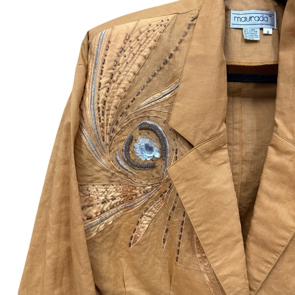80s Maurada Linen Blend Suit Set Size 8 Embroidered Sequin Blazer Skirt Gold - Picture 2 of 9